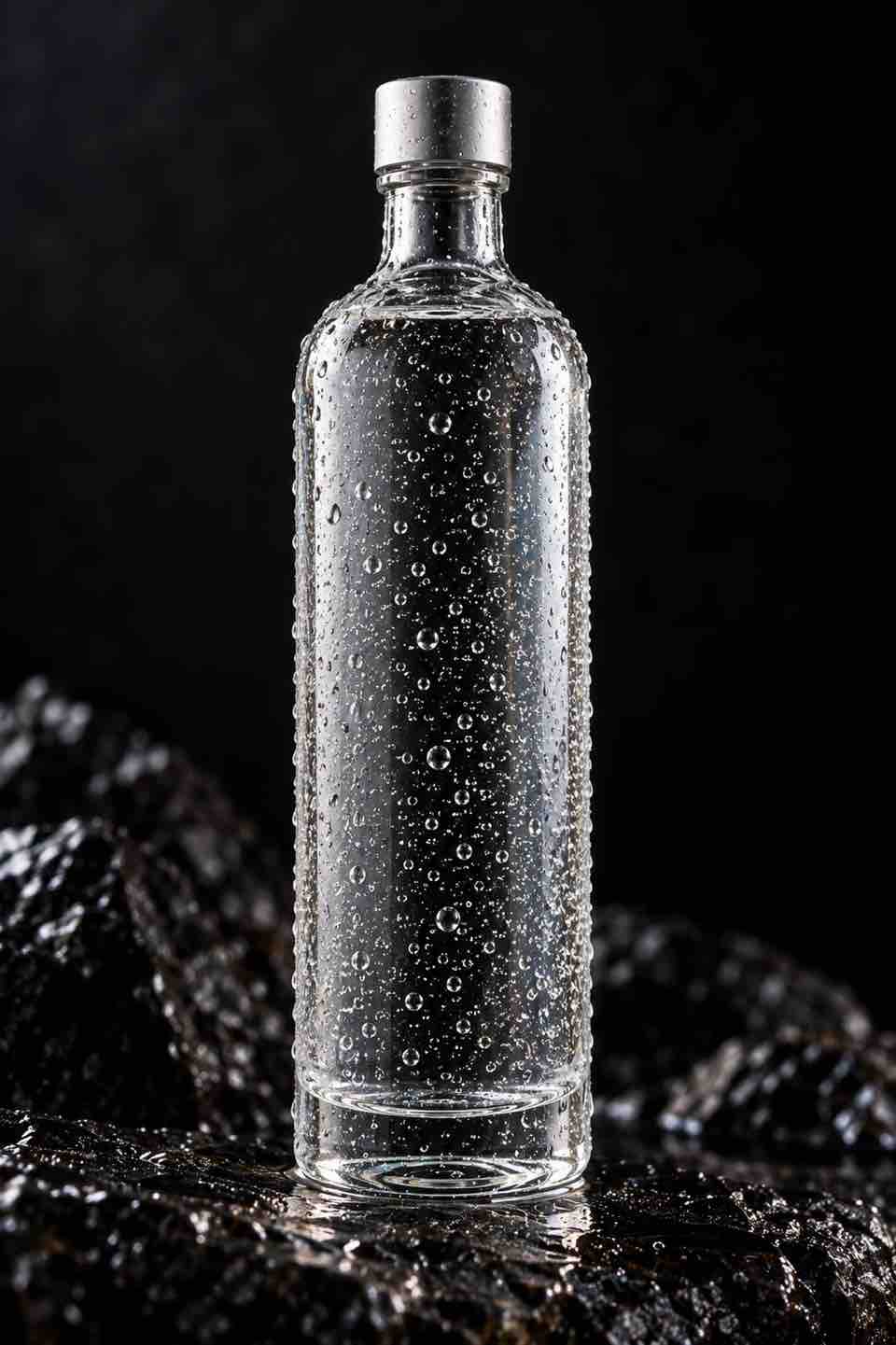 Botella de 355 ml como objeto premium: vidrio, condensación fina, transparencia, burbujas, iluminación editorial.